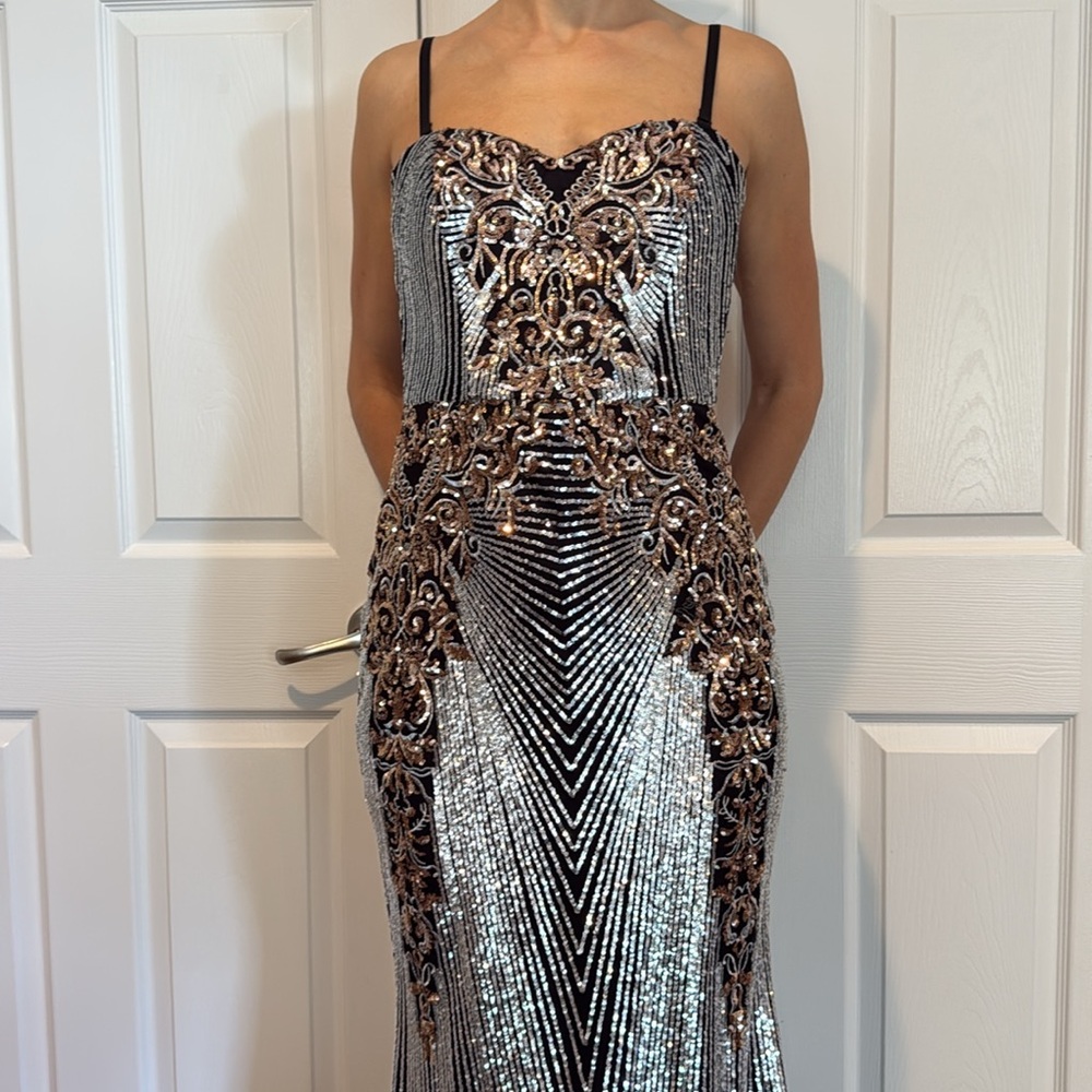 Black & Gold Beaded Evening Gown - Elegant Spaghetti Strap Dress